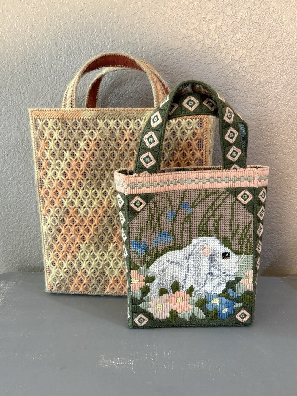 Vintage Needlepoint Plastic Canvas Tote Bags Bunny Floral Set 2 Handmade